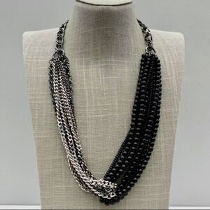 Talbots Necklace Modern Black Beaded Silver Tone Gunmetal Layered Chains 24 Inch